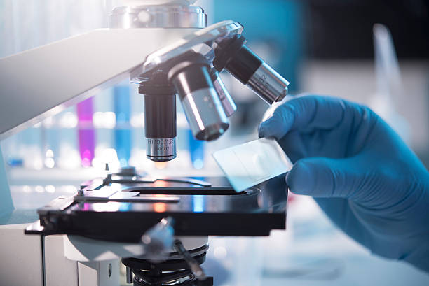 A scientist placing a slide under a microscope